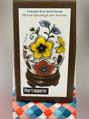 New Pier 1 Ceramic Egg Vase with Yellow, Red & Blue Floral Motifs